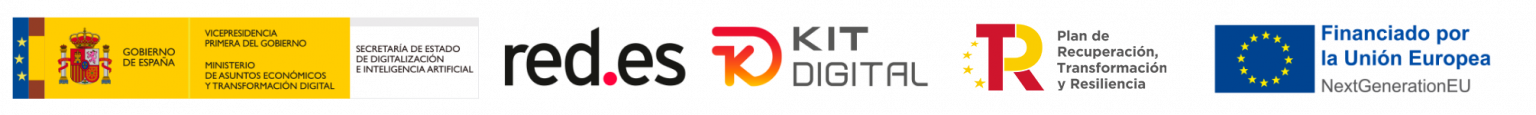 Logotipo Kit Digital, Gobierno de España, red.es, Plan de 
Recuperación, Transformación y Resiliencia y Financiado por la 
Unión Europea NextGenerationEU